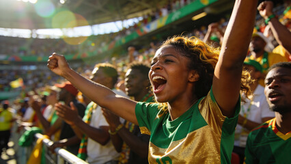 Naklejka premium Cheering woman in green and gold jersey raising arms and shouting at outdoor stadium, with flags