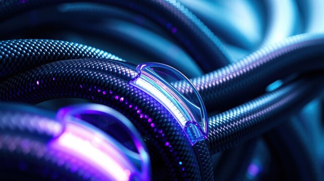 Intricate network cables, glowing blue, purple hues. Futuristic design, technology focus, detailed textures visible.