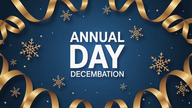 Annual Day Decembation text with gold ribbons and snowflakes on a dark blue background.