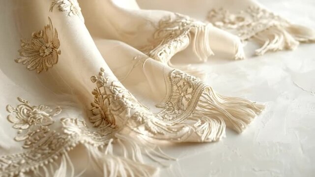 Elegant beige textile with floral embroidery and decorative fringe details