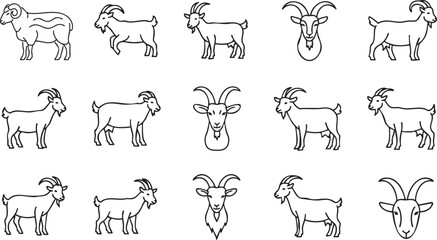 Fototapeta premium Set of black and white goat and ram line for farm branding msea set