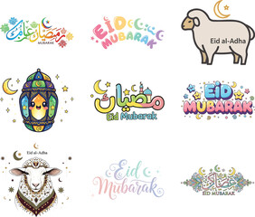 Obraz premium Set of colorful islamic holiday with calligraphy and sheep symbols msea set