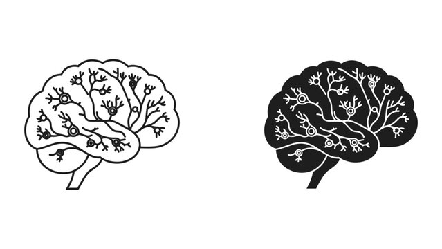 Brain illustrations with neurons and dendrites in black and white on white background