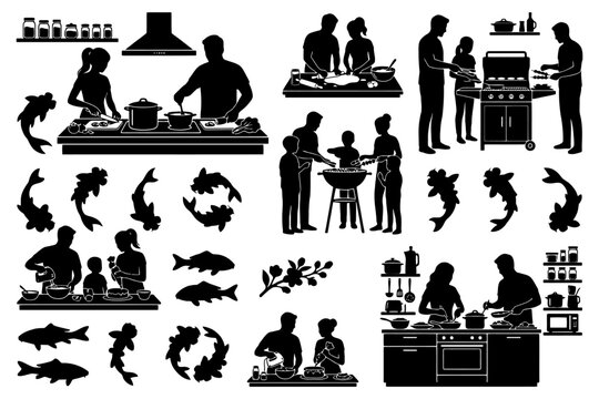 Silhouette family cooking scene with fish and kitchen elements.