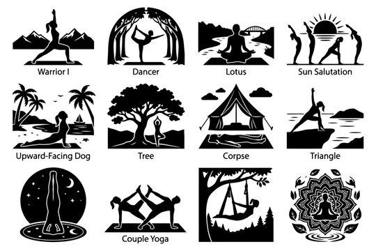 Yoga poses illustrations collection: warrior, dancer, lotus, sun salutation, tree, triangle.