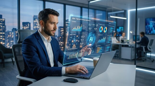 Business professional using laptop with AI interface hologram and data analytics dashboard, artificial intelligence, digital transformation, smart technology integration and modern workflow,