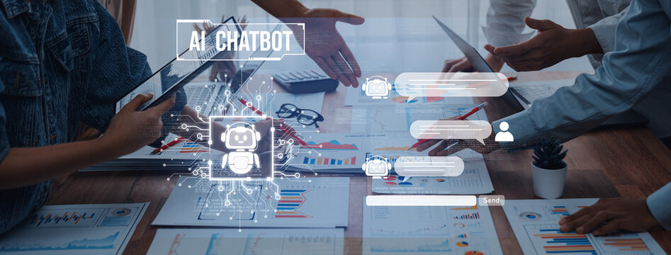 Team members collaborate on technology solutions using an AI chatbot interface, surrounded by documented reports and data charts in a modern office environment. Trope