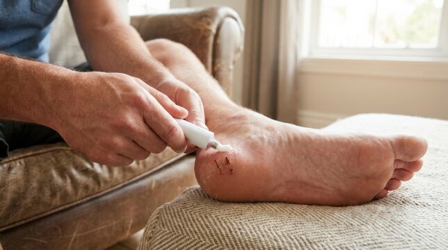 Man applies ointment on scratched foot wound with scab at home, close-up skin treatment for itching rash, irritation relief and minor injury care, personal hygiene and recovery concept, realistic