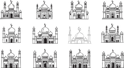 Obraz premium Twelve hand drawn mosque with domes and minarets, black line msea set