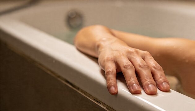 Resting adult bare forearm lying along glossy bathtub rim, showing water droplets and faucet