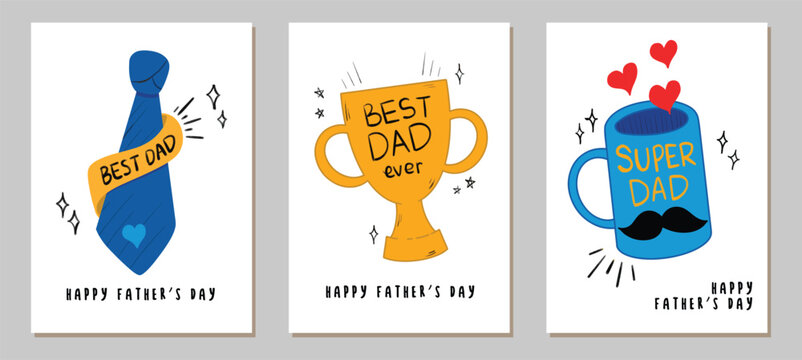 Creative concept of happy fathers day cards set. Modern simple cartoon art design with necktie, trophy and mug. Templates for celebration, ads, branding, banner, cover, label, poster, sales