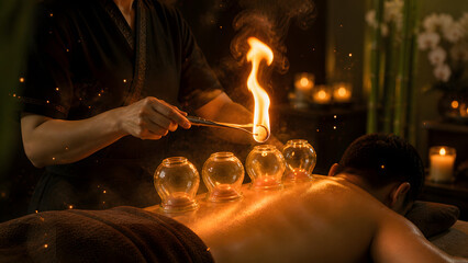 Traditional fire massage therapy with warm flames in a zen spa atmosphere