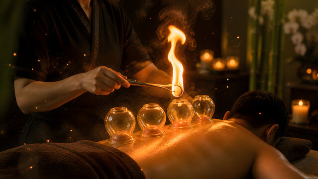 Traditional fire massage therapy with warm flames in a zen spa atmosphere