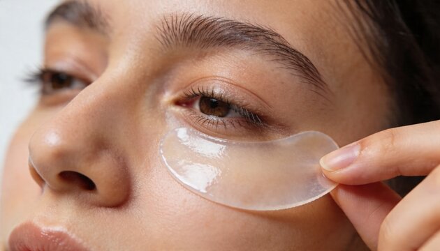 Applying woman placing gel patch under left eye at bathroom vanity, with fingertips and serum