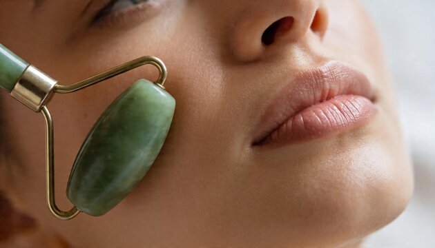 Gliding green jade roller across female lower face at home, revealing natural skin