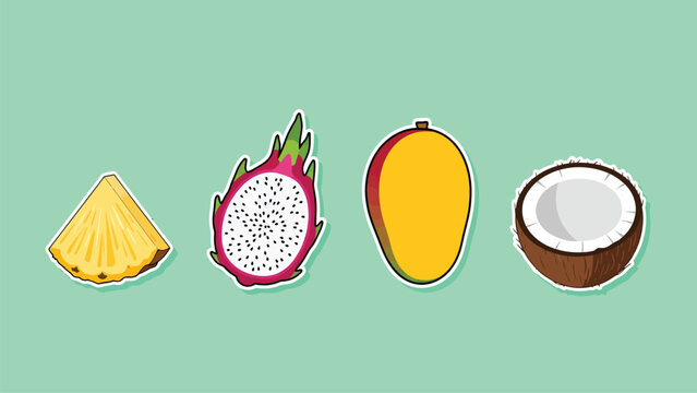 Set of vibrant tropical fruit stickers: pineapple, dragon fruit, mango, and coconut illustrations on a green background.