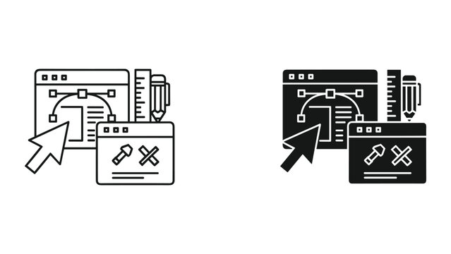 Black and white line icons of web design and development tools with browser windows and cursor
