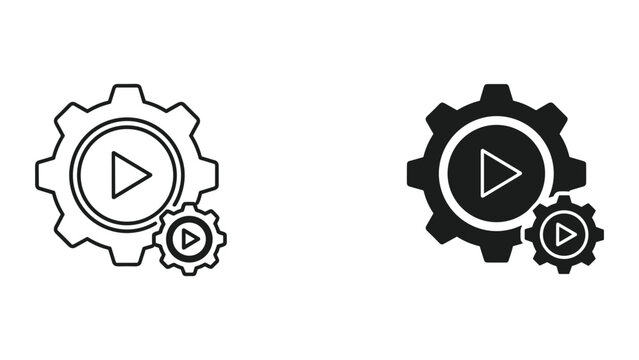 Black and white gear icons with play button in center for video or movie production and editing isolated on white background