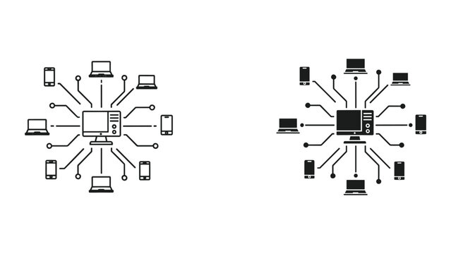 Vector illustration of computer network with connected devices and servers on white background for technology concepts
