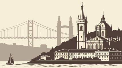 Obraz premium Lisbon City Skyline Vector Art | Belém Tower & São Jorge Castle Silhouette