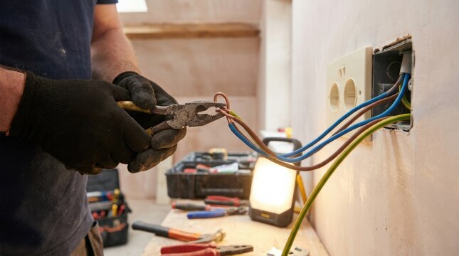 Electrician uses combination pliers to bend and prepare copper wire ends for a double wall socket, skilled home wiring installation scene for renovation and repair content, practical trade labor