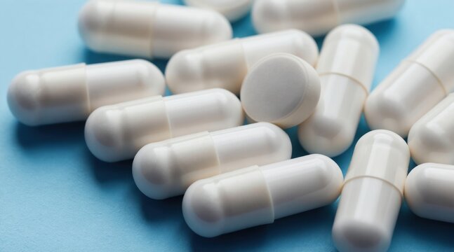 White medication capsules and tablets scattered on blue surface. Pharmaceutical drugs for pain relief anxiety sleep and other medical conditions. Health treatment concept close up.