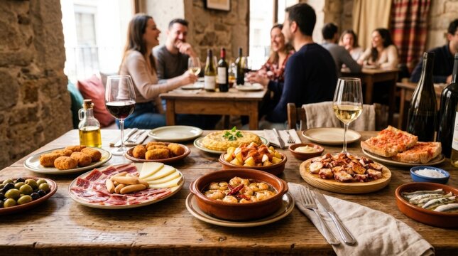 Dishes of Spanish appetizers arranged on a restaurant table, vibrant tapas still life with social dining mood, rich textures and premium hospitality appeal for food and travel campaigns, soft natural