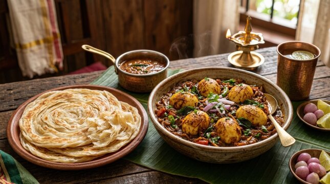 Kerala Egg Roast with Porotta Spicy Masala Egg Curry, authentic Indian food concept for restaurant menus, regional cuisine branding and appetizing culinary advertising with rich traditional flavors