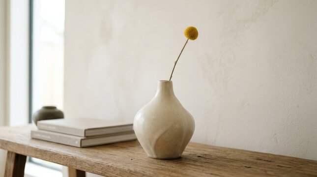 Elegant ceramic vase with a single dried yellow billy button, minimalist still life with sculptural form, warm home decor mood and modern interior design appeal, soft natural light, realistic detail,