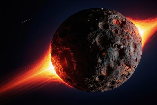 Cratered alien planetoid burns with internal fire as a bright orange energy trail streams past. A small meteor streaks across dark deep space.