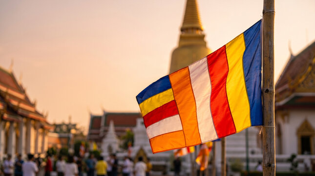 Buddhist flag waving in sunset during Vesak celebration  