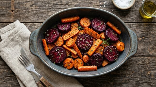 Top view of baked beet and carrot slices after roasting, homemade vegetable dish with warm color and rustic texture, strong commercial appeal for healthy cooking, vegetarian meals and oven-roasted