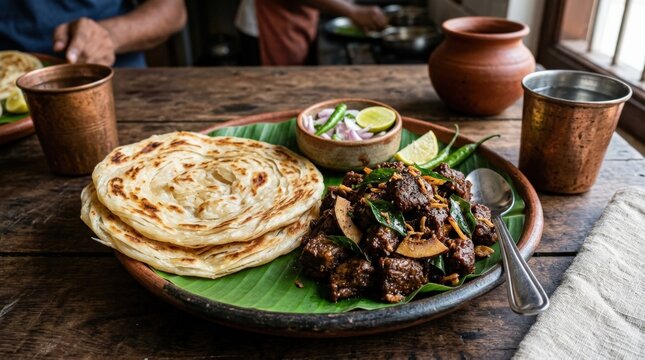 Kerala Porotta with Beef Fry Street Style Food Authentic Malabar Dish, authentic Indian food concept for restaurant menus, regional cuisine branding and appetizing culinary advertising with rich