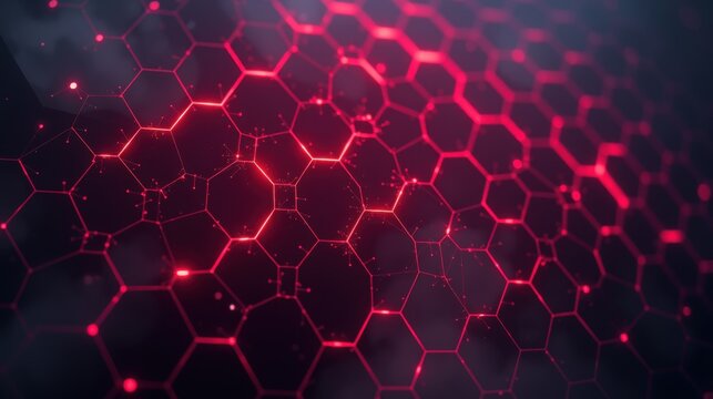 Hexagonal grid glows, vibrant pink lines connect points. Dark background emphasizes network structure, futuristic design.