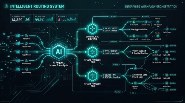Intelligent routing system with conditional logic and glowing decision points, AI powered enterprise workflow management, automated request handling and smart process orchestration in a dark abstract