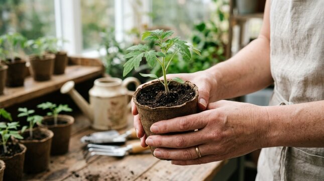Female hands holding peat pot with green tomato seedling, indoor gardening detail with biodegradable planting cup for sustainable gardening, homegrown produce branding and spring editorials, fresh