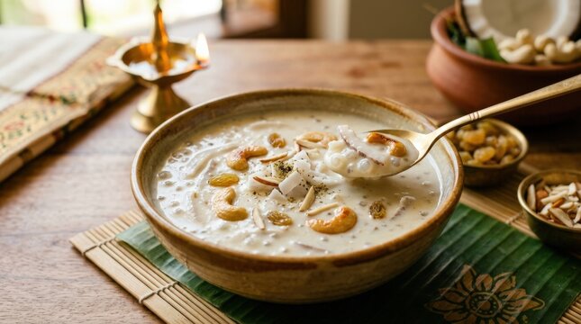 Kerala tender coconut payasam elaneer dessert, creamy South Indian sweet with delicate texture and tropical flavor appeal for festive menus, dessert promotion and regional cuisine themes, soft light,