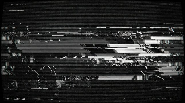 Abstract monochrome glitch texture with scanline artifacts and digital noise, CRT inspired distortion effect for gritty urban overlays, cyber visuals and poster backgrounds, chromatic interference,