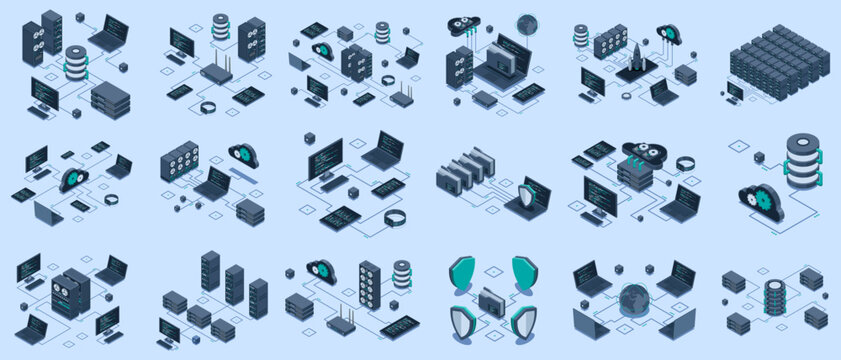 Set of isometric modern technology concept for cloud computing, datacenter, database, artificial intelligence, and blockchain technology. Isometric technology