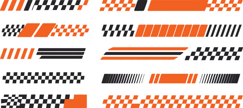 Racing car icon set, race car stripes checkered flag finish line motocross labels and dynamic speed lines for motorsport and automotive vector design.