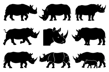 Fototapeta premium Silhouette collection of rhinoceroses in various poses and perspectives.