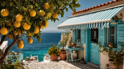 Fototapeta premium Fresh Lemon tree in Traditional greek Santorini house with bougainvillea flowers,Greece islands blue white traditional cafe restaurant architecture,Santorini blue door window,Mediterranean.