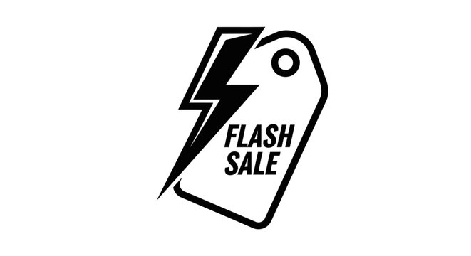 Flash Sale Icon with Lightning Bolt and Price Tag, Black and White Graphic