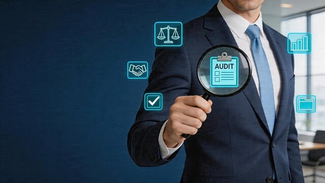 Businessman holding magnifying glass with audit clipboard icon in hand inspecting digital hologram symbols checking compliance and financial regulations for internal controls