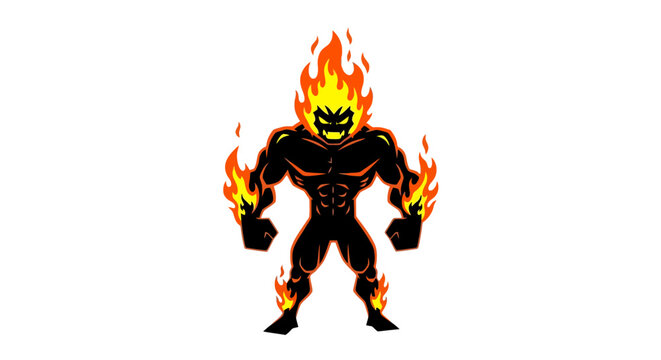 Fiery muscular character with flames erupting from head and limbs