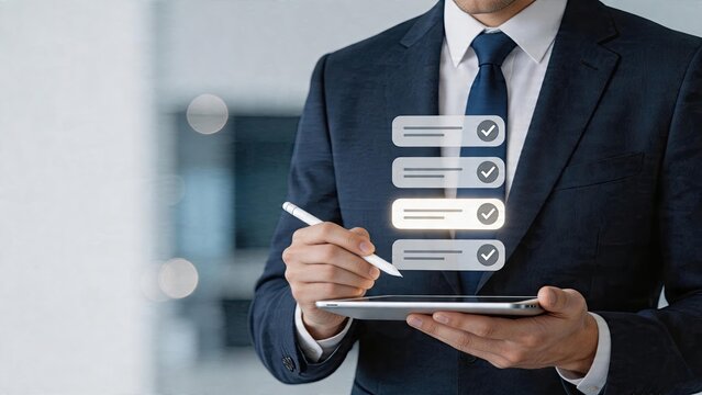 Businessman holding tablet digital hologram interface with checklist verifying data security modern corporate technology concept high efficiency workflow management system