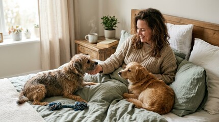 Plakat Woman resting in bed with playful dogs, cozy home lifestyle scene with comfort, pets and candid affection, strong commercial stock appeal for interiors, companionship and relaxation themes, soft