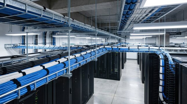 Cable tray and wire management infrastructure organization, clean industrial routing for enterprise facilities, network reliability and professional installation detail in a technical environment,