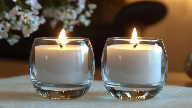 A serene scene with two pillar candles housed in clear glass holders, casting a warm glow. The candles rest on a soft surface adorned with delicate white flowers, creating an inviting atmosphere.