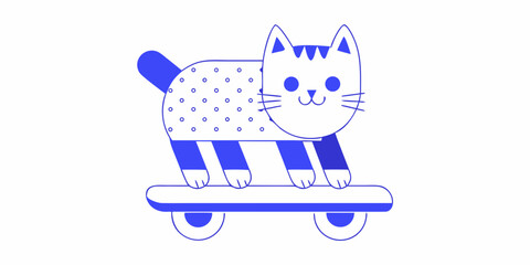 Cat on skateboard blue line drawing on white background © Bijon